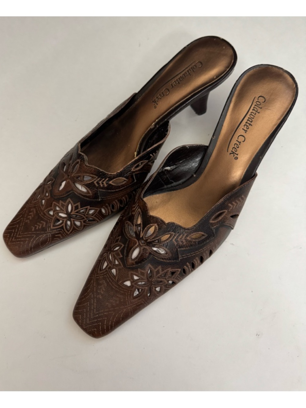 Coldwater Creek Brown Leather Laser-Cut Mule Heels